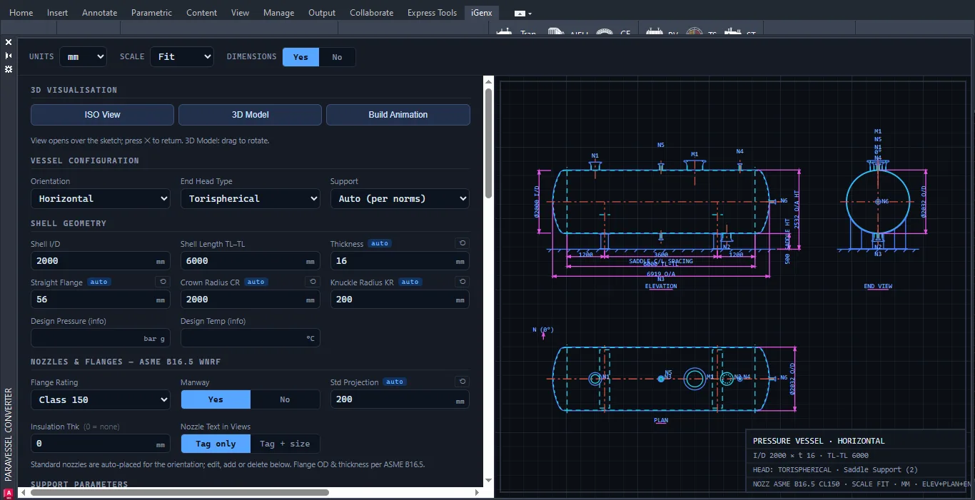 iGenx pressure vessel module generating a dimensioned vessel drawing in AutoCAD
