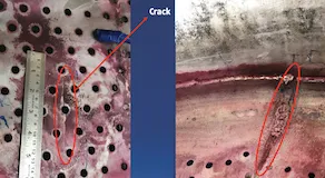 Inspection photos of cracks found on a process column