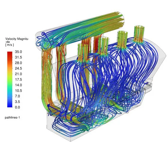 CFD particle tracks coloured by velocity