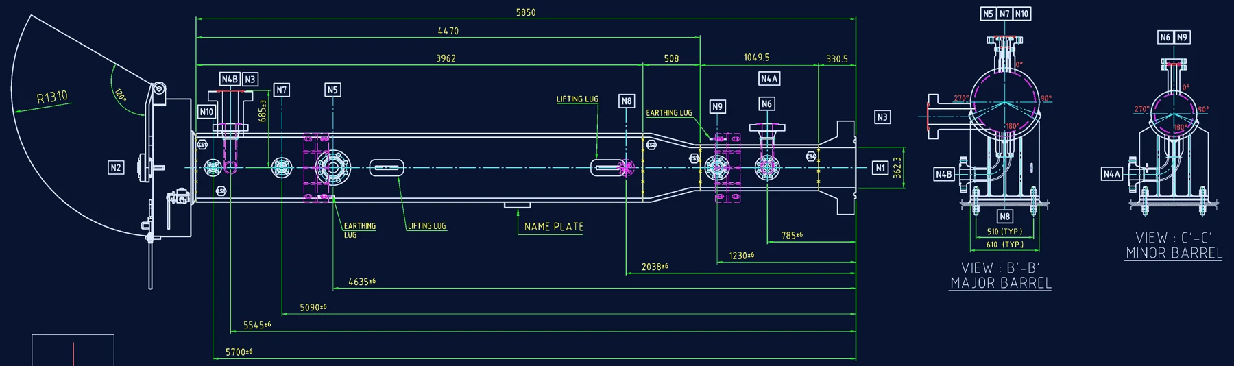 EnggDesign scraper trap GA drawing, plan view: quick opening closure swing, major and minor barrels, nozzles N1 to N10, sliding saddles and lifting lugs